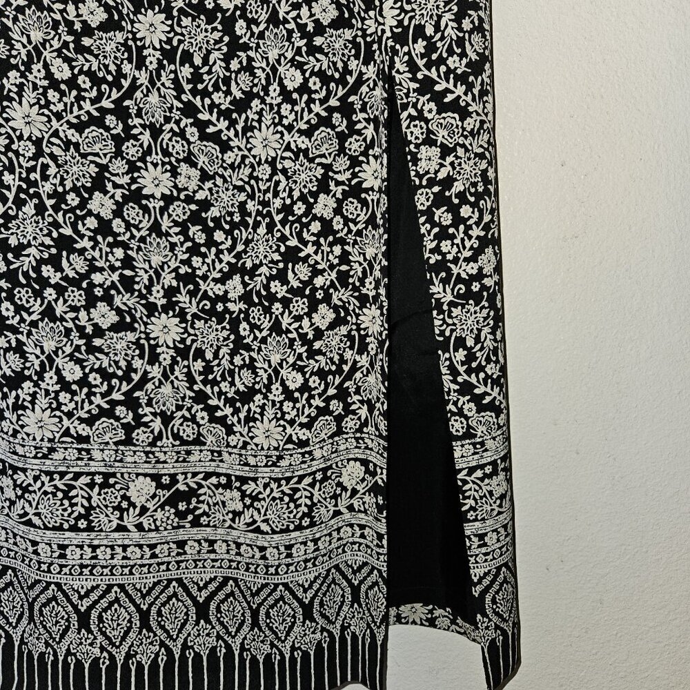 Talbots 100% Silk Floral Midi Skirt 10P Black White Side Slit Petite - Picture 6 of 15